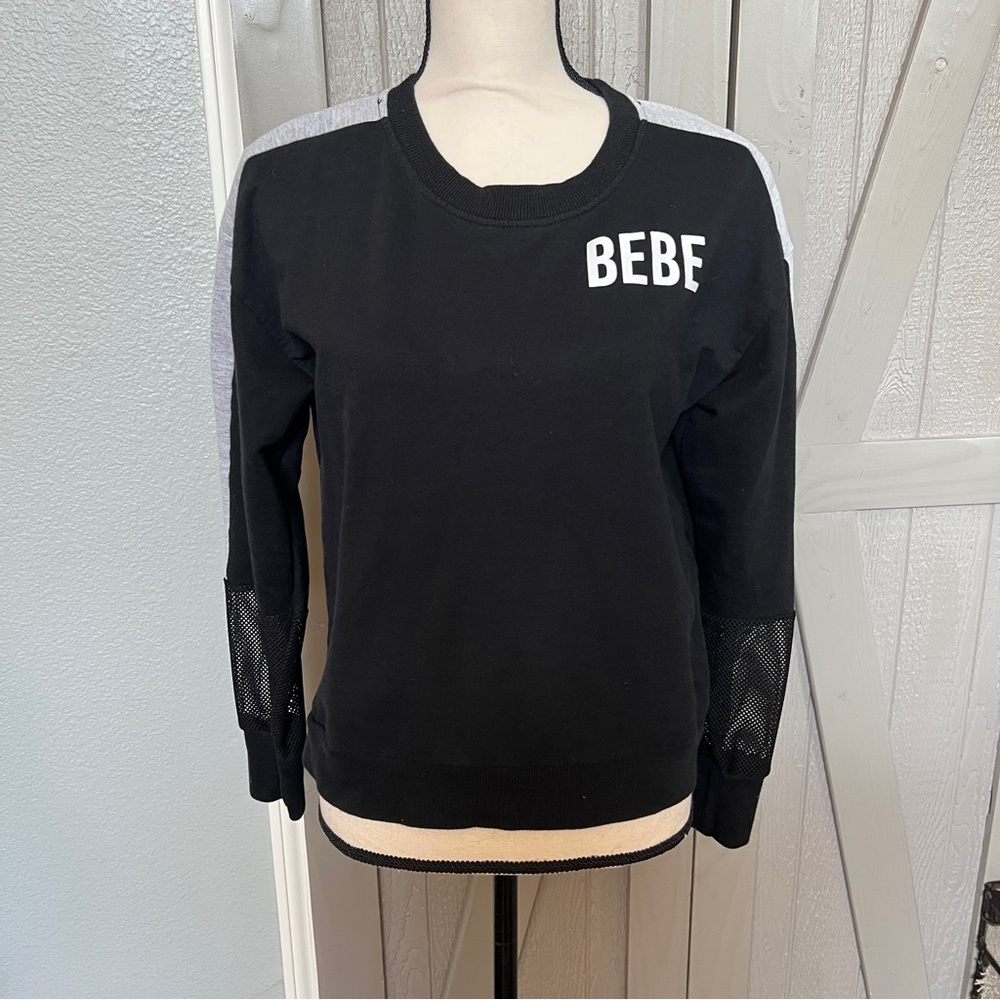 Like New! Bebe- Black and Gray Crew Neck Sweater With Mesh Sleeves.